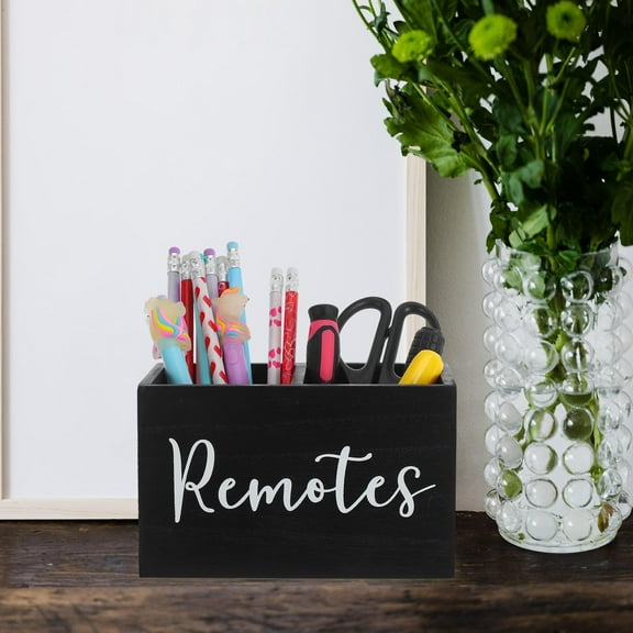 HONMEET Rustic Wooden Desk Organizer Remote Holder Black for Home Office Use with Multiple Compartments