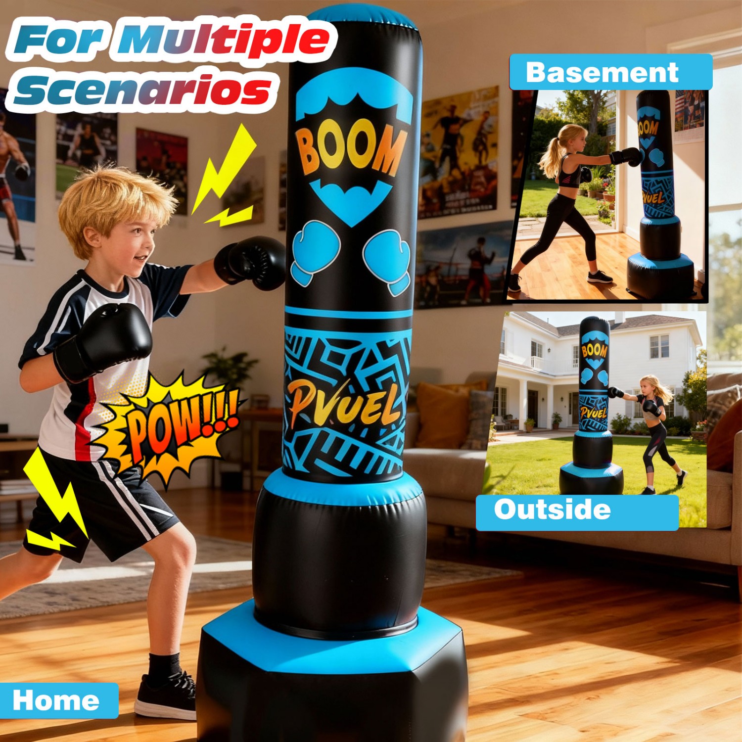 67inch Boxing Punching Bag Set for Adults Teens, Inflatable Boxing Freestanding with Gloves, Pump for Kids Children Youth Men Boxing Training Equipment MMA Fitness Home Gym, Blue