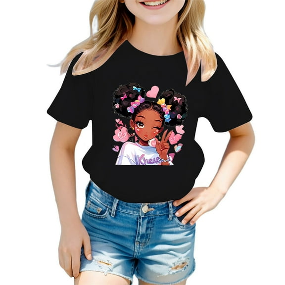 MEZZALL Kid Girls Cute Graphic T-Shirt Round Neck Short Sleeve Tee Summer Casual Tshirts Tops, Black, 3-4 Years
