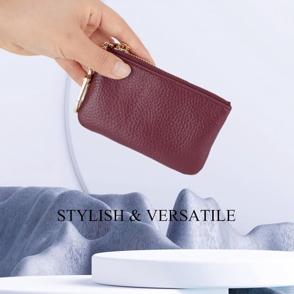 JINYUN-Full Grain Leather Coin Purse with Key Chain - Small Change Purse Keychain Card Holder Keychain Pouch Small Keychain Wallet for Women and Men (Burgundy)