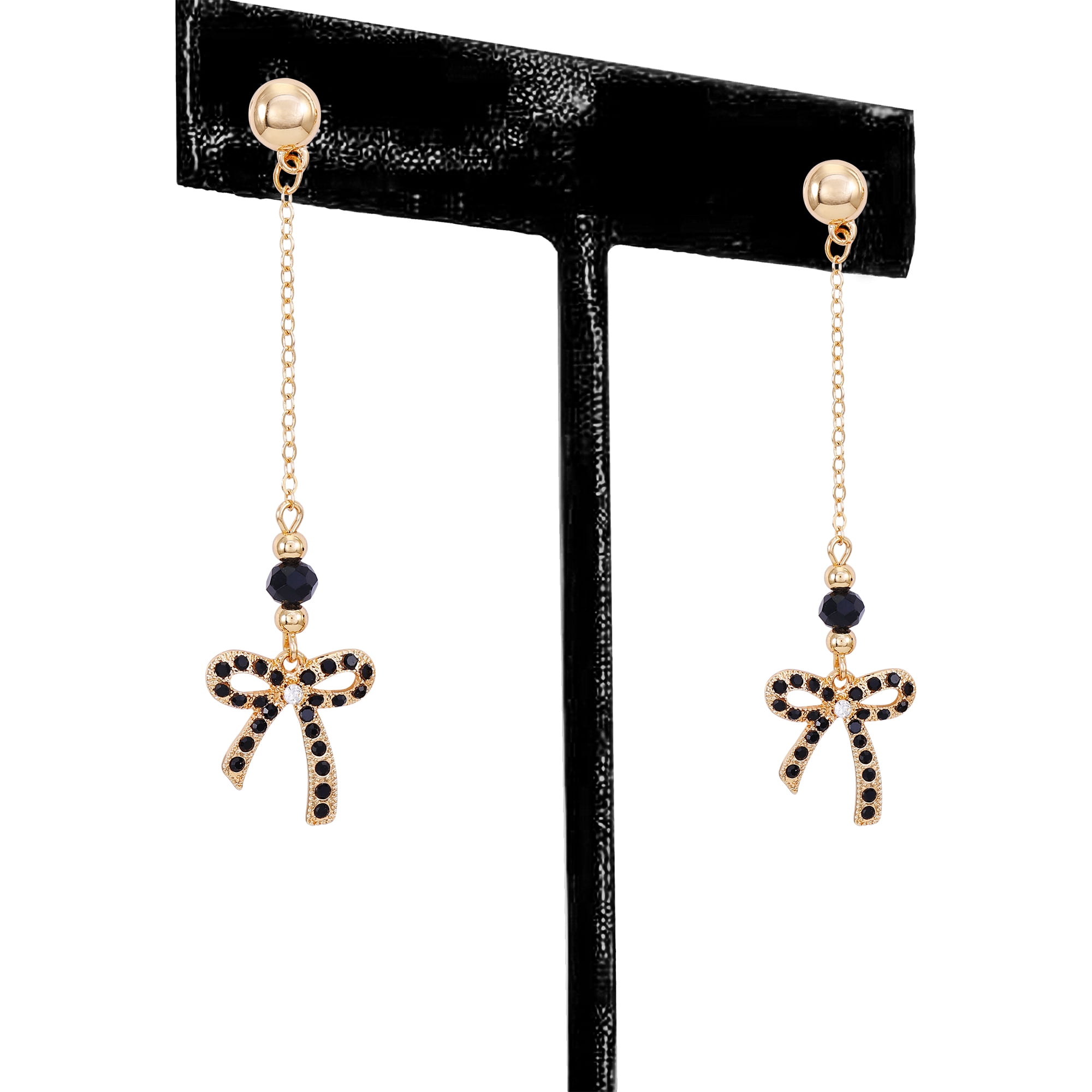 Time and Tru Women's Delicate Gold Tone Chain Drop Post Earring with Jet Stone Bow Drop Casting