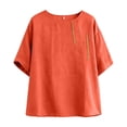 thumbnail image 4 of Women's Cotton Linen Blouse, Round Neck Embroidered Short Sleeve Top, Loose Fit Casual Tunic for Summer, Boho Chic Shirt and Everyday Wear-Orange, 4 of 5