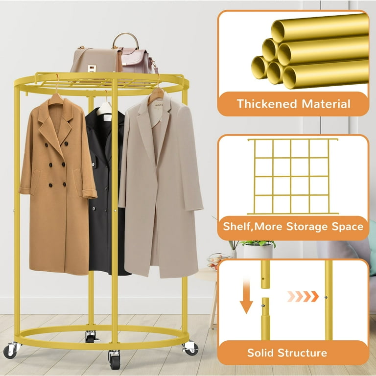Nefoso Clothing Garment Rack Round Clothes Rack with 4 Universal Wheels and Shelf Standard Rolling Clothes Organizer Gold