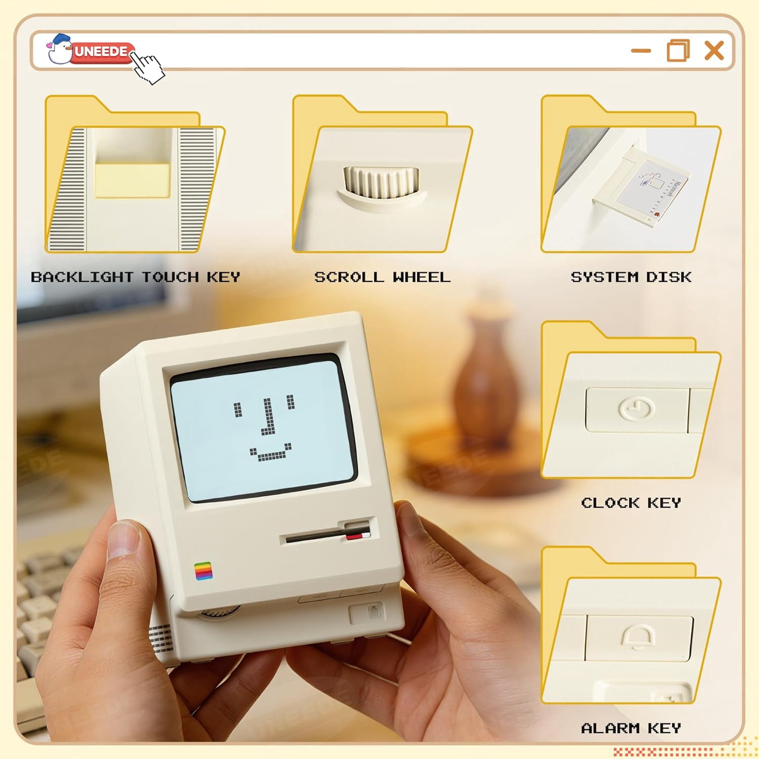 UNEEDE Maclock Retro Desk Clock, 1984 W-8 Computer Inspired Pixel Display Rechargeable Desk Clock, Multi-Alarm, Calendar, Temperature, Dimmable, Unique Retro Tech Gift for Office Bedroom Night Light