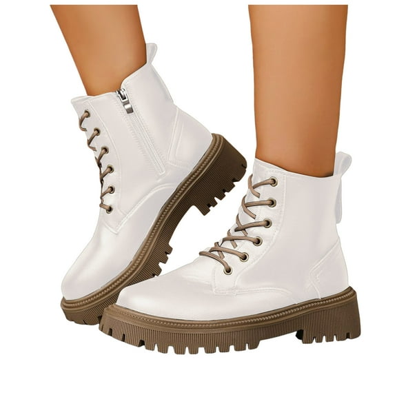 Rokment Womens Vintage Combat Boots Casual Black White Leather Lace up Platform Chunky Heel Mid Calf Short Ankle Booties Beige Size 6.5