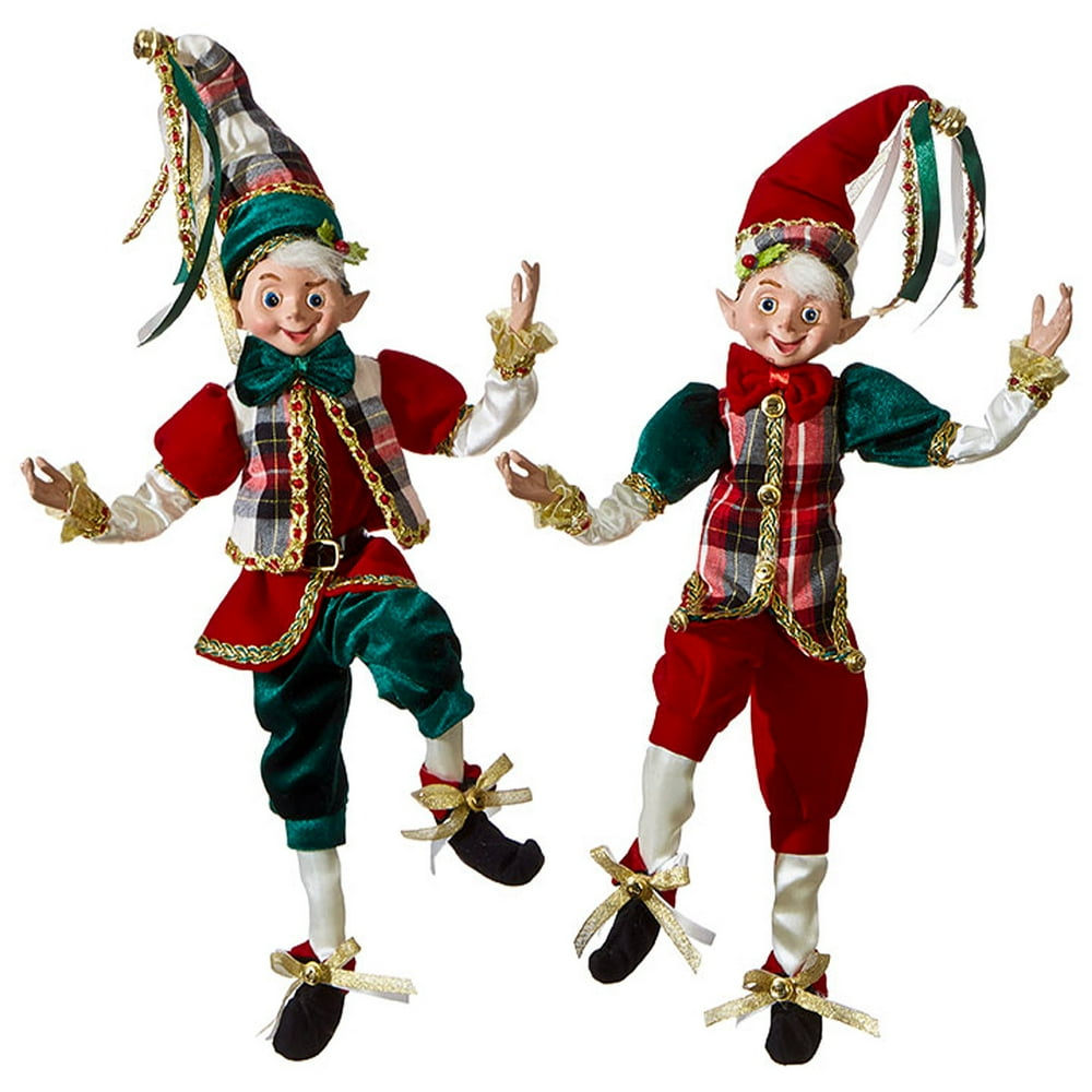 Set of 2 Raz 16" Dark Green and Red Plaid Posable Elf Christmas Figure