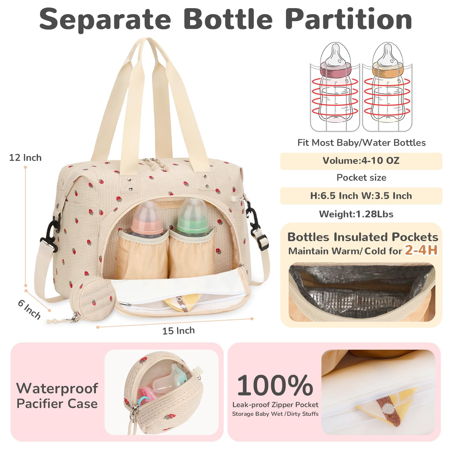 Corduroy Diaper Bag Tote, Baby Bag Travel Diaper Tote Bag with Pacifier Case, Large Baby Diaper Bags for Women, Ctue Diaper Bags For Baby Girl Boy Mom Maternity Hospital Bag, Beige Strawberry