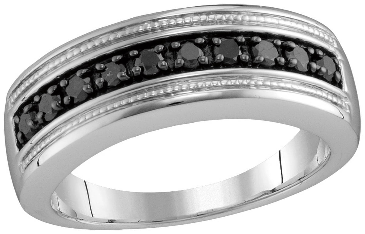 Size 10 - 925 Sterling Silver Mens Round Black Diamond Milgrain Wedding ...