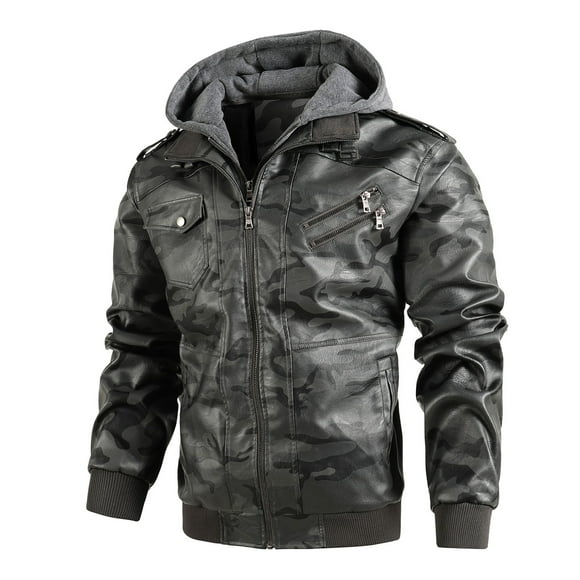 EQWLJWE Men's Faux Leather Jacket Camouflage Motorcycle Hood Jacket Waterproof Windproof Pu Motorcycle Hoodie Winter Jackets for Men Clearance
