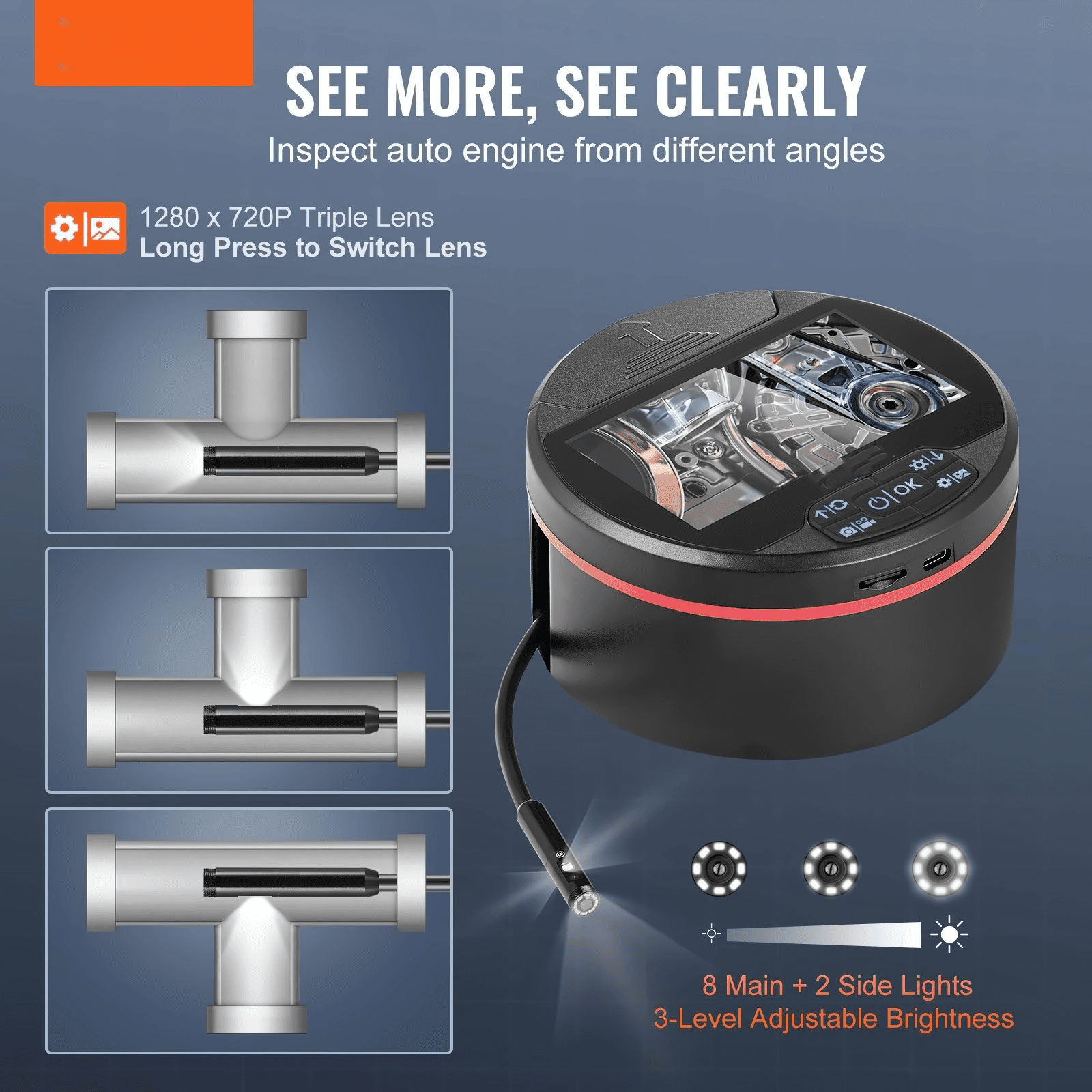 Borescope Inspection Camera, 16.4FT Triple Lens Endoscope with 4.3" IPS Screen & 8+2 LEDs, IP67 Waterproof Snake Camera for Automotive Plumbing HVAC