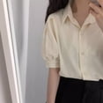 thumbnail image 2 of BUYISI Basic Simple Womens Lapel Puff sleeves Casual Shirt Versatile Fashion tops Apricot L, 2 of 7
