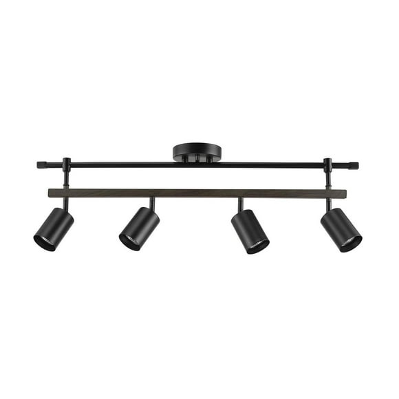 Rail d’éclairage à 4 ampoules Nashville, noir mat, barre en similibois