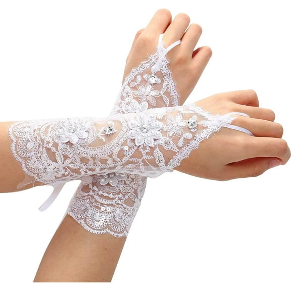 YooGuoGuo Women' Wedding Lace Gloves Bridal Fingerless Tulle Gloves Crystal Sequins Wrist Cuffs White Hook Finger Gloves