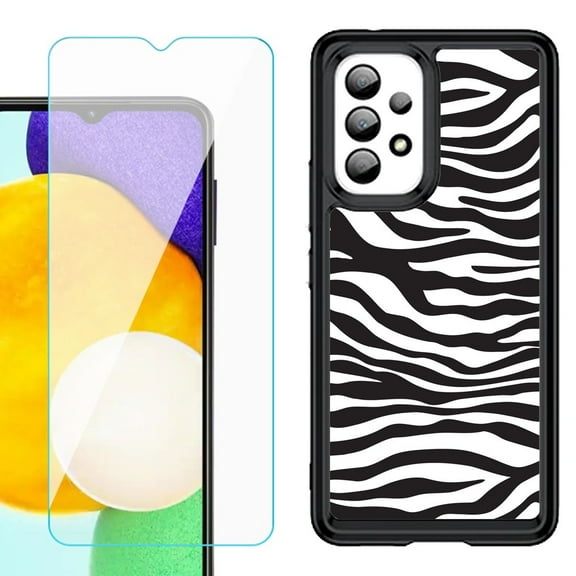 Shockproof Bumper (Black Frame) phone Case for Samsung Galaxy A23 5G, with Tempered Glass Screen Protector, by OneToughShield ® - Zebra B/W