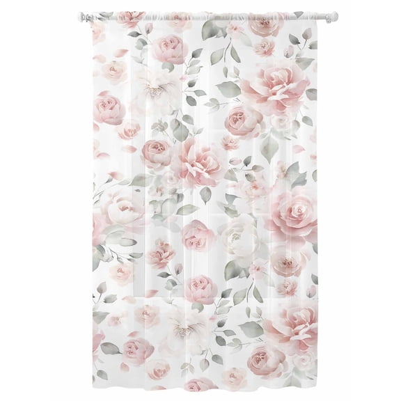 Sheer Curtains 108 Inches Long, Pink Rose Semi Sheer Curtains Light Filtering Window Treatment, Modern Simple Romantic Flowers Floral Leaves Privacy Voile Drapes for Living Room Bedroom 52x108 Inch
