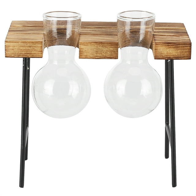 Maceta de vidrio para escritorio, soporte de madera, florero de vidrio con forma de bulbo, maceta hidropónica para el hogar, la oficina y el jardín, 2 botellas