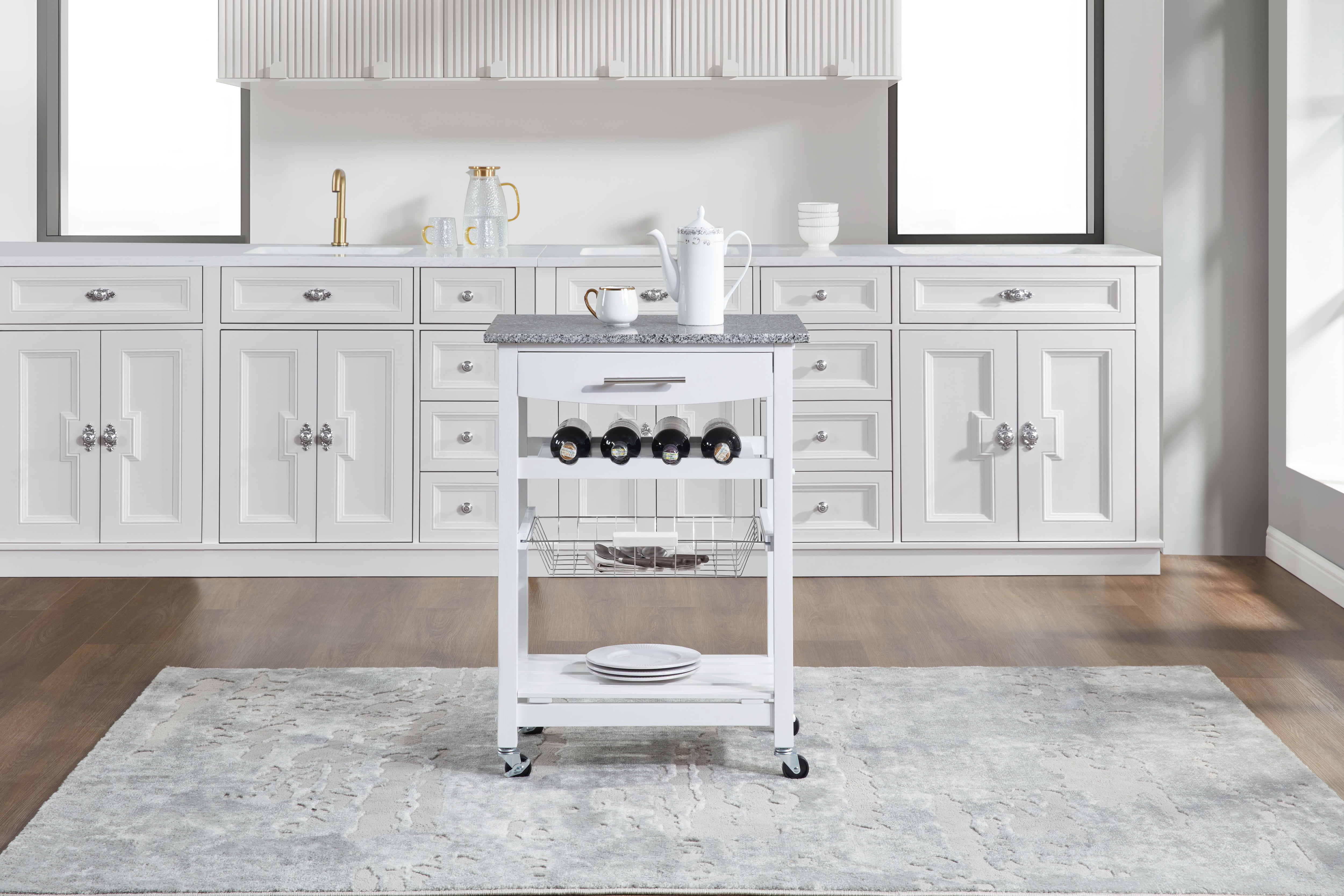 MAYEERTY Mobile Rolling Kitchen Island with Marble Top, Drawer & Storage Basket