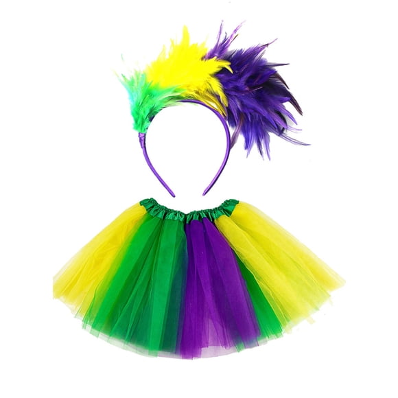 TBWNWG Girls Outfits & Set Kids Rainbow Feather Headband Tutu Skirt Set for Carnival Festival Dance Performance Girls' Short Skirt,Sizes 4-8 Y