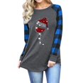thumbnail image 2 of Sudadera de cuello redondo con estampado de gorro de Papá Noel en color gris vino tinto y cuadros, mangas con puños azules, talla L Camisa festiva de manga larga para mujer, 2 of 6