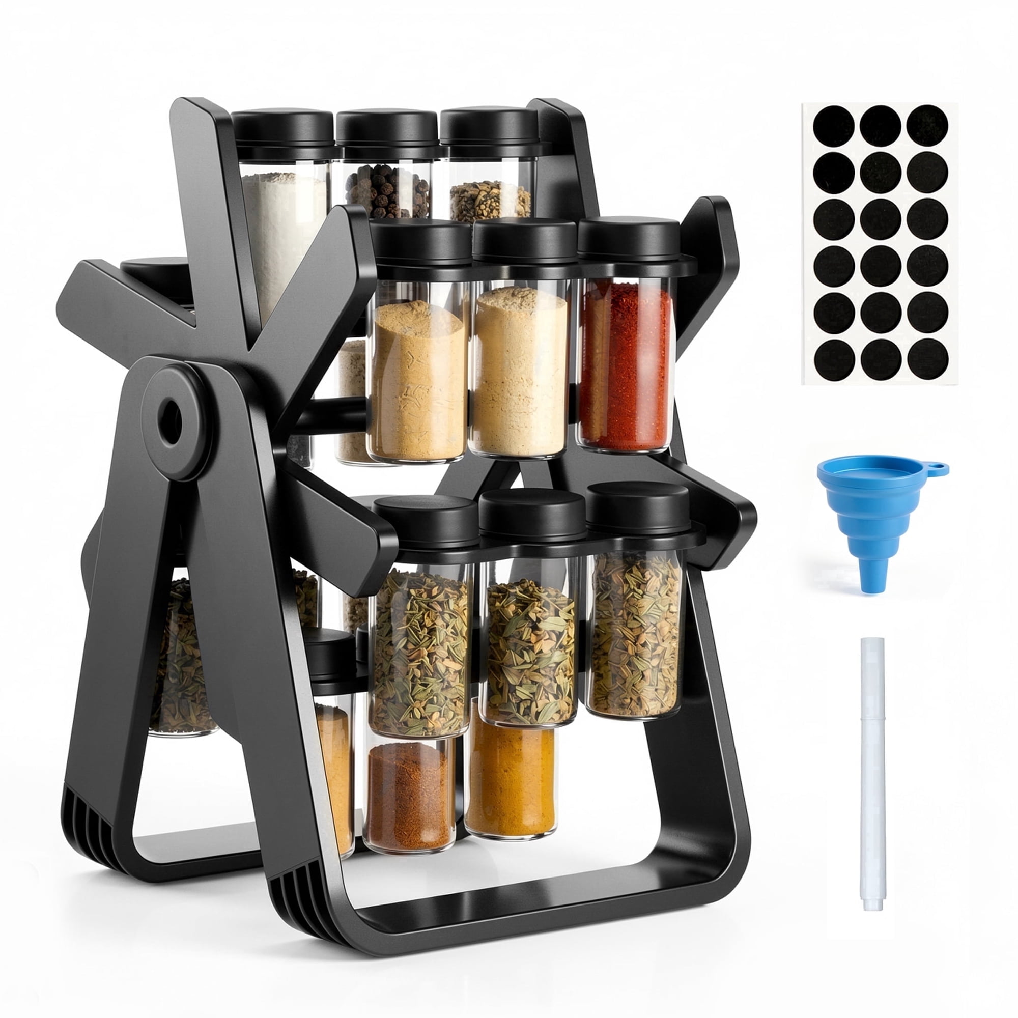 Alylo 18-Jar Rotating Ferris Wheel Spice Rack, 360-Degree 6-Tier Kitchen Countertop Organizer with Glass Jars, Labels & Funnel, Black
