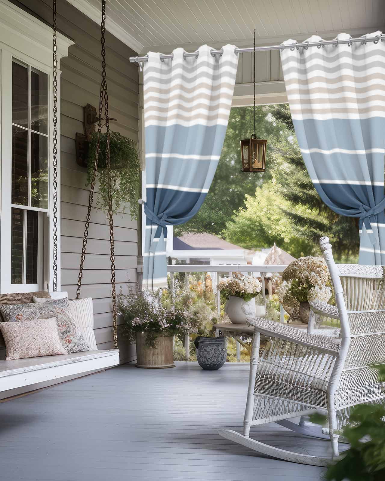 Grey Blue Stripes Outdoor Curtains for Patio, Country Modern Gradient Lines Art Privacy Drapes Grommet Waterproof Outside Curtains for Porch/Cabana/Balcony 54"x 95", 2 Panel