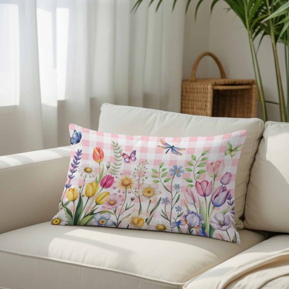 Watercolor Flowers Daisy Leaves Dragonflies Throw Pillow Covers, Decorative Pillow Covers With Hidden Zipper Soft Brushed Microfiber Fabric, Pink Plaid Pillowcases for Couch Bed 12x20in