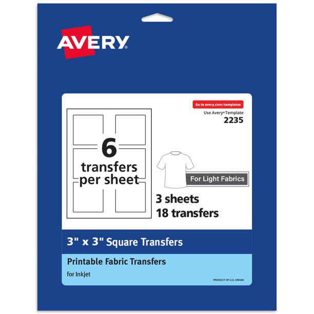 Avery Light Transfer Paper for TShirts, 3" x 3" Pre DieCut IronOn