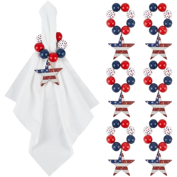 6 Sets Wood Beaded Napkin Ring Napkin Ring Sets Beaded Napkin Holder Ring Red Blue 4Th of July Patriotic Wooden Beads Napkin Rings for Home Dinner Table Holiday Party Decor