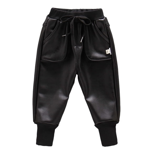 MXIEZI 2-14Y Kids Boys Winter Warm Pants Baby Toddle Thick Fleece Lined Faux Leather Trousers