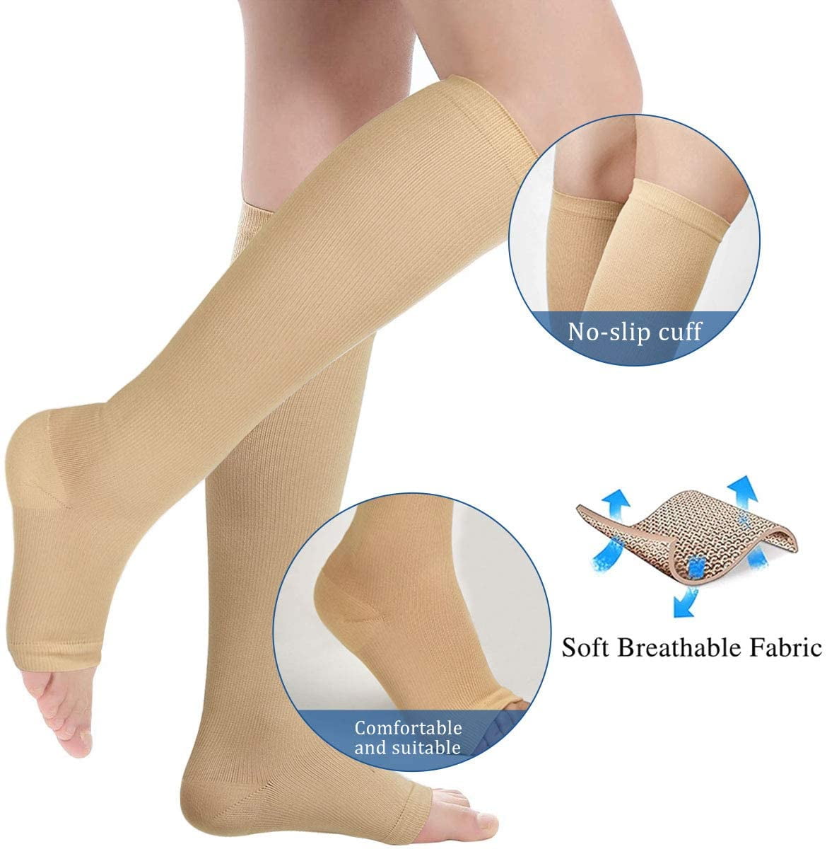 Wukang 3 Pairs XL XXL Knee High Compression Stockings Open Toe 15-20mmhg Compression Socks for Woman Men