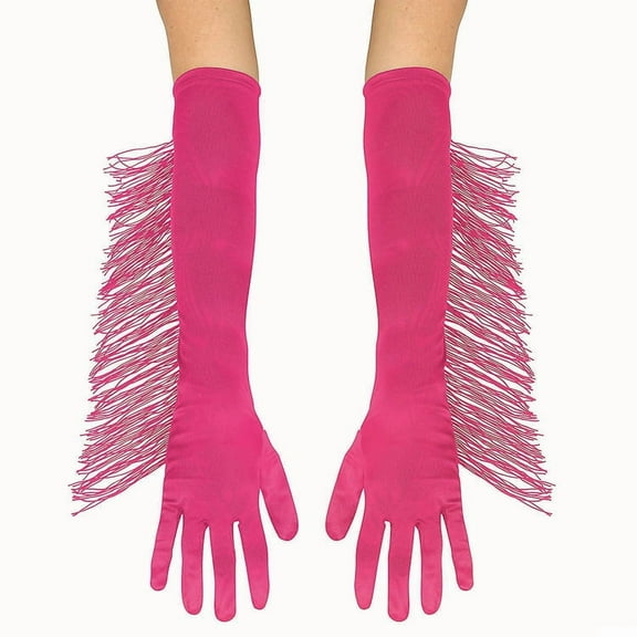 Fun World FW96816PK Adults Long Polyester Gloves with Pink Fringe Costume Accessory