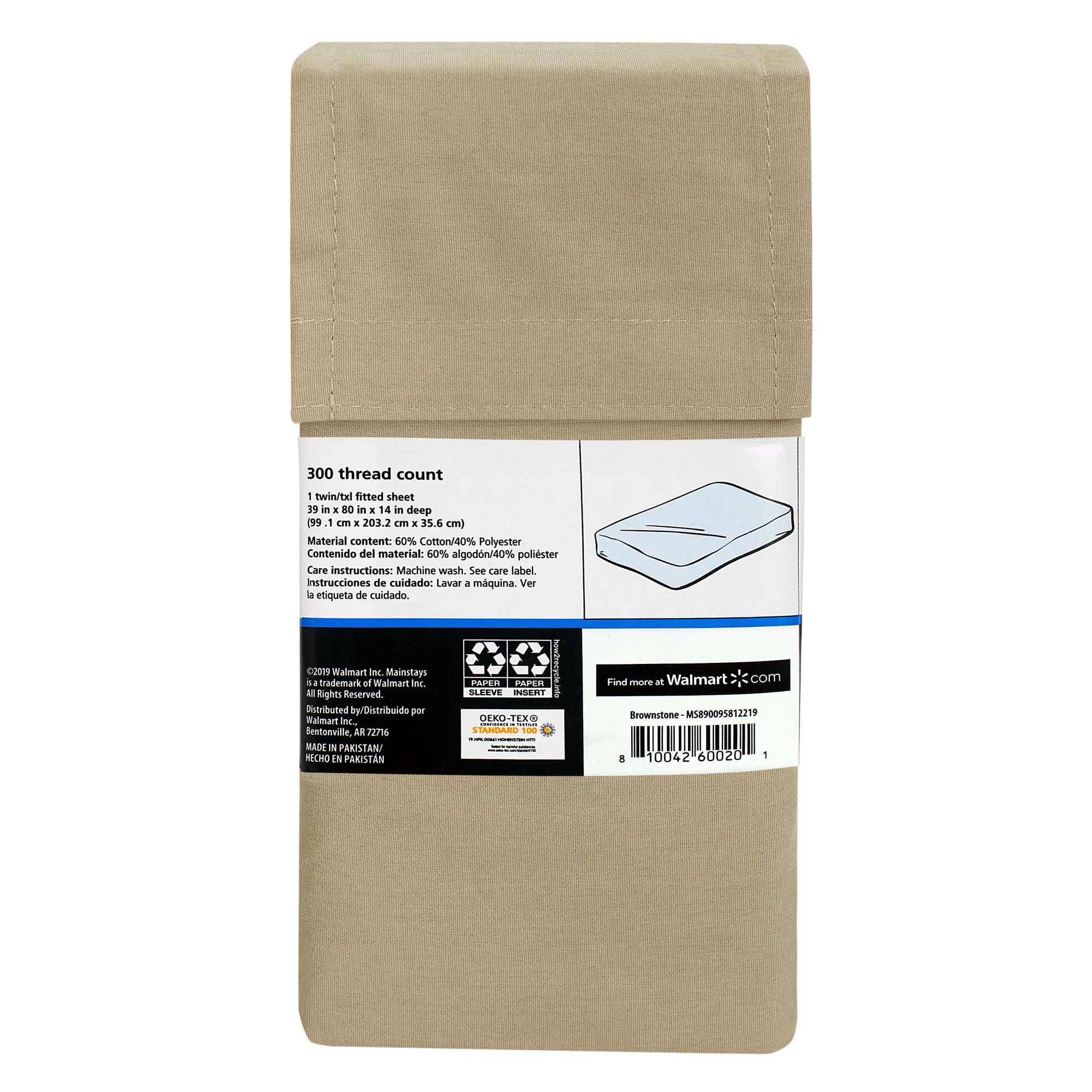 Mainstays 300TC Cotton Rich Percale Easy Care Bed Sheet, BrownStone Twin/Twin XL Fitted Sheet
