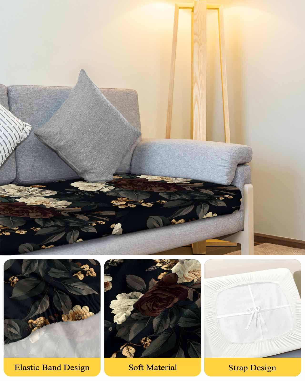 Vintage Black Floral Sofa Couch Cushion Covers Washable, Removable Stretchable Sectional Couch Covers, Spring Seasonal Botanical Blooms Slipcovers for L & T Shape Sofa Furniture Protector M Size 1 pc