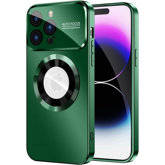 Magnetic for iPhone 14 Pro Max Case, Compatible with MagSafe, Built-in Camera Lens Protector, Logo View, Military Grade Drop Proof Phone Case Cover, Green