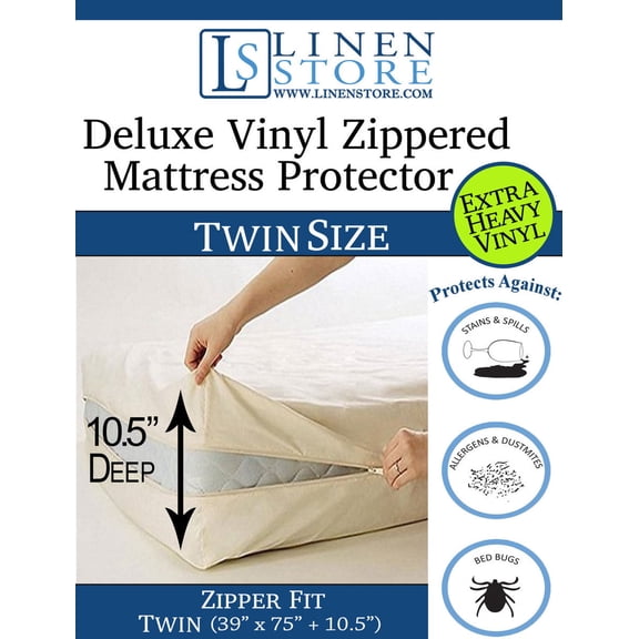 Deluxe Vinyl Zippered Mattress Protector Cover, Extra Heavy, Bed Bugs - Dustmites Shield, Waterproof Protector, Hypoallergenic, 75" x 39" Twin