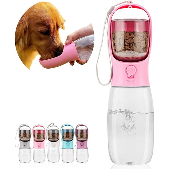 AVELORA Portable Dog Water Bottle with Food Container, 19 oz Pink Plastic Pet Water Bottle