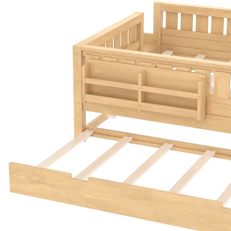 Full Size Low-Profile Kid's Platform Bed with Built-in Bookshelves & Small Staircase, Wooden Bed Frame with Safety Rails & Trundle