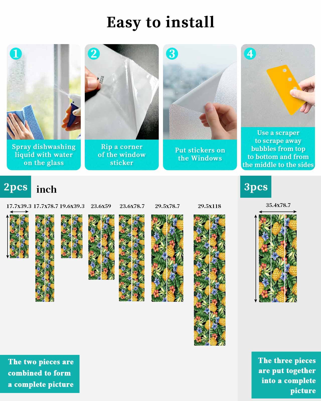 Window Privacy Film Pineapple Stained Glass Window Film Decorative Sun Block Window Cover Summer Fruit Green Tropical Palm Leaves Window Clings Static Adhesive Sticker for Bathroom 19.6"x39.3"