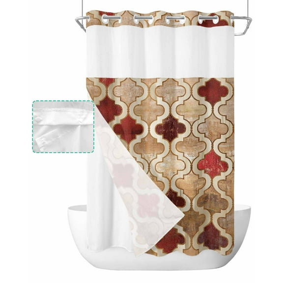 No Hook Shower Curtain with Snap in Liner, Morocco Geometric Lattice Retro Red and Brown Distressed Shower Curtains for Bathroom, Washable Shower Curtain Liner Set with Mesh Top Window, 36"x72"