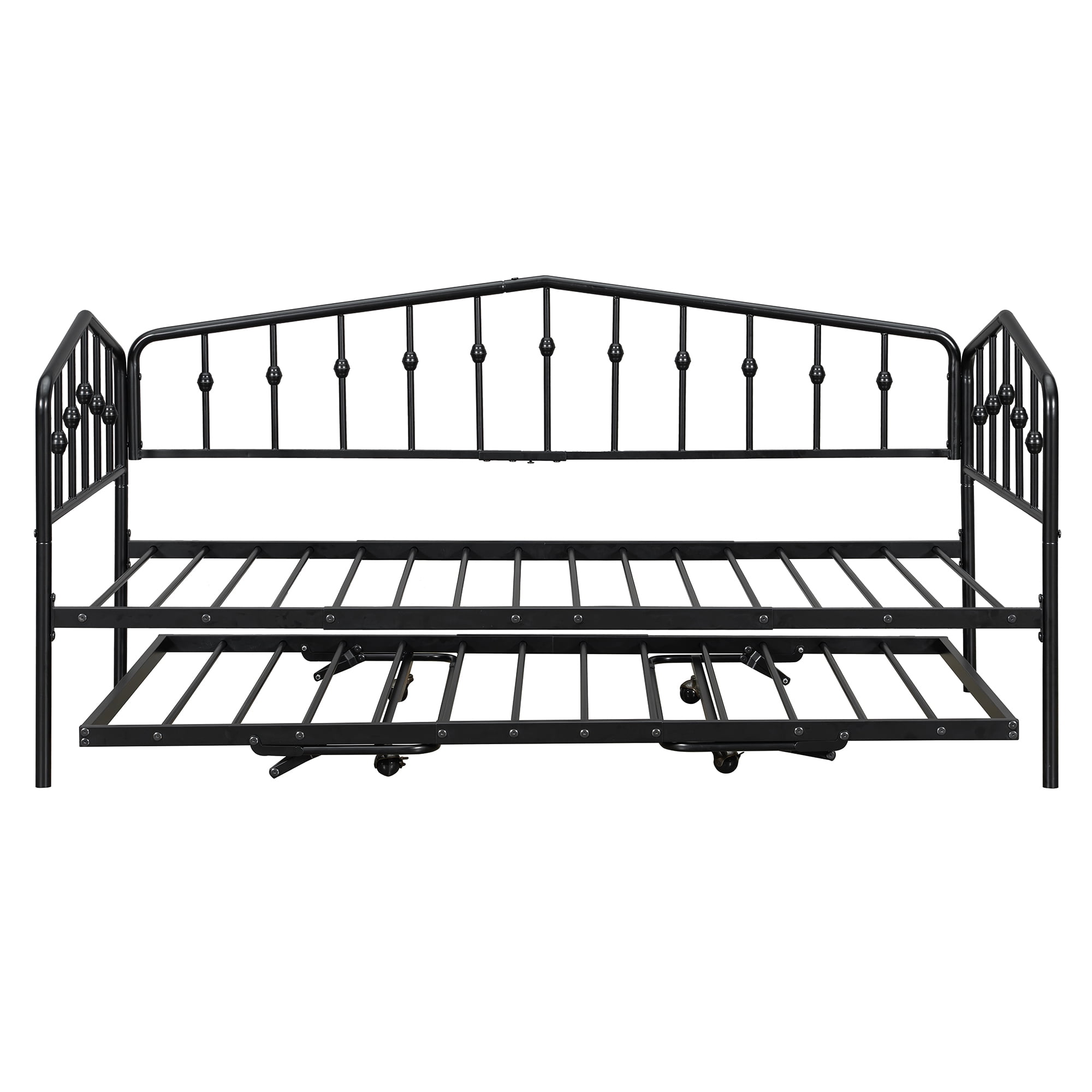 GARITIN Twin Size Metal Daybed with Adjustable Trundle, Portable Folding Trundle Bed Frame for Guest Room, Black
