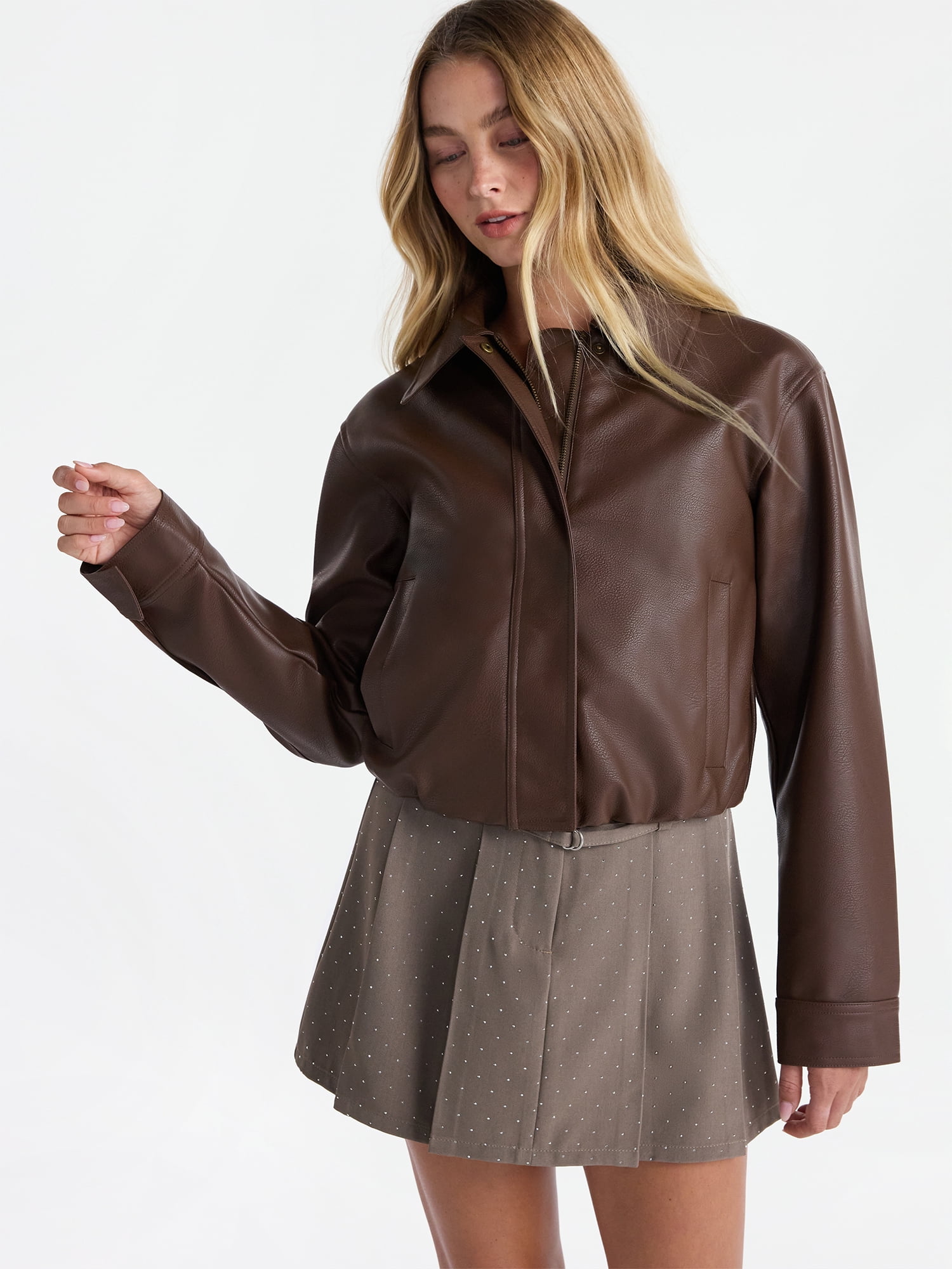 No Boundaries Bubble Hem Faux Leather Bomber Jacket, Women's