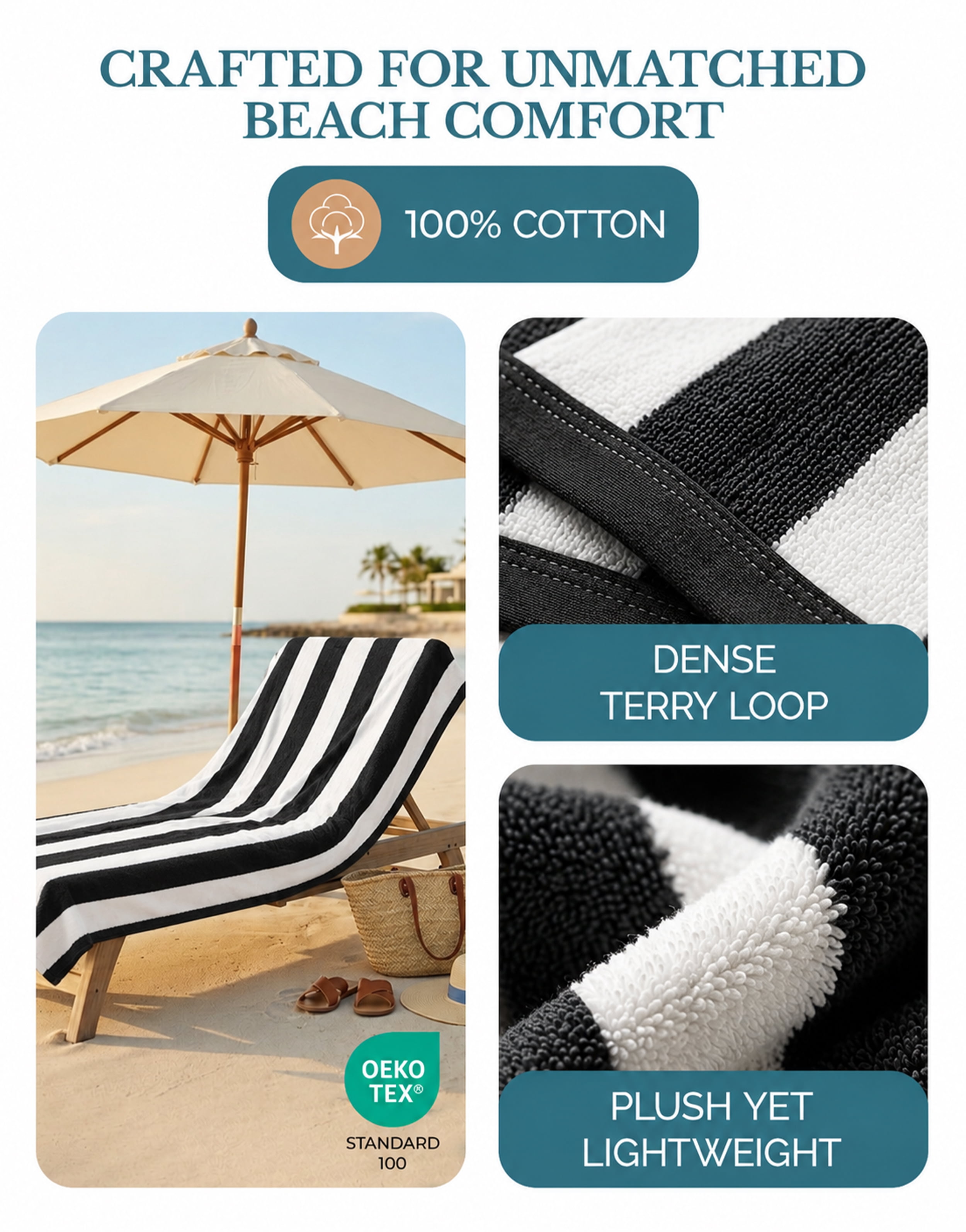Casa Platino Beach Stripe Towels - 2 Pack 100% Cotton Pool Towels for Adults, Qick Dry, Soft & Highly Absorbent Beach towel Set for Travel & Vacation - Grey