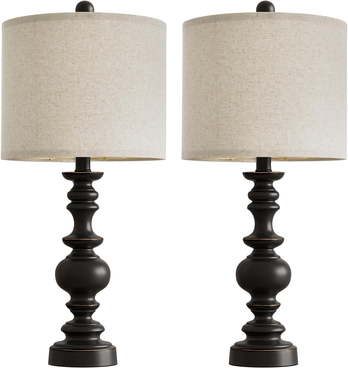24 Inch Traditional Farmhouse Table Lamp Set of 2 Vintage Resin Nightstand Lamps with Linen Shades for Bedroom Living Room Office