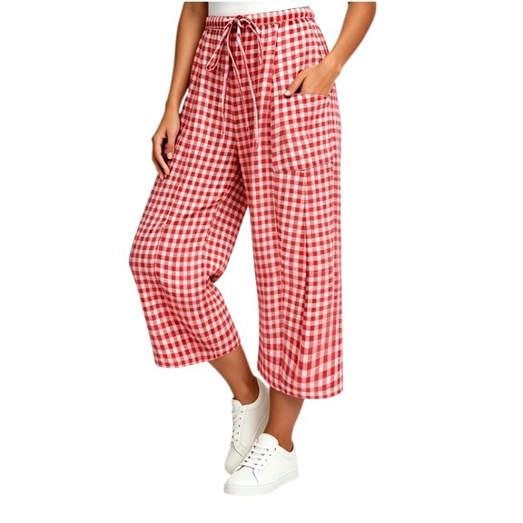 Asgosdo Women Pants Drawstring High Waisted Grid Straight Leg Loose Fit Soft Breathable Capris Pants with Pockets