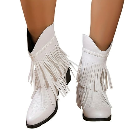 

Cowboy Boots for Women Fringe Casual Mid Calf Boots Retro Tassel Heel for Women Boots Boots for Women Fashion Retro Classic Pull On Boot for Girls Ladies Fall Winter