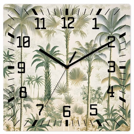 Palm Tree Wooden Wall Clock Silent Non Ticking, Sage Green Tropical Nature Plant Watercolor Square Wall Clocks Battery Operated, Decor Clock for Home Office, Living Room, Kitchen, 10 Inch