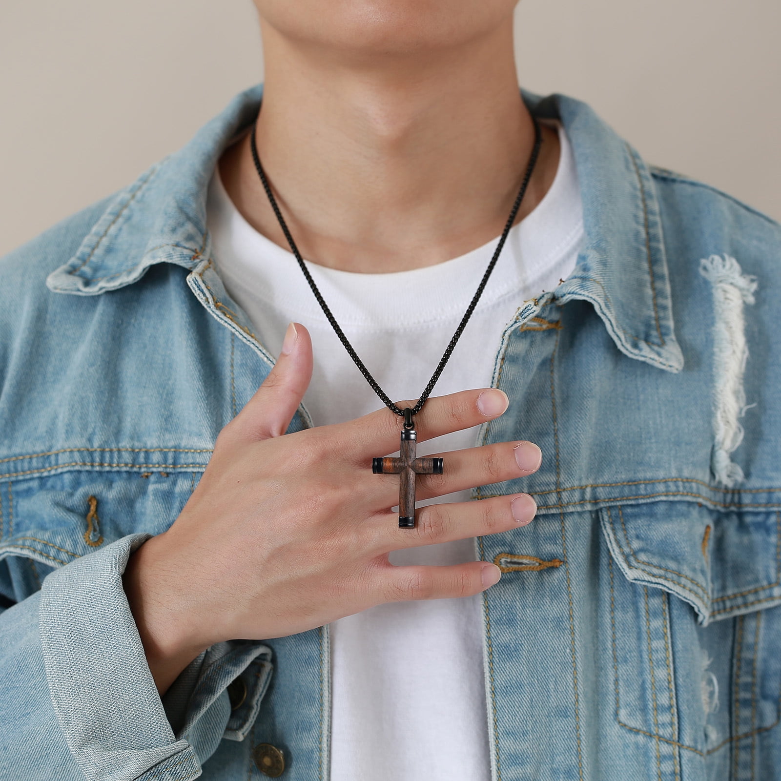 Miren Men’s Wooden Cross Necklace – Handmade Ebony Christian Cross Pendant with Stainless Steel Chain, 24” Brown Baptism Gift for Men
