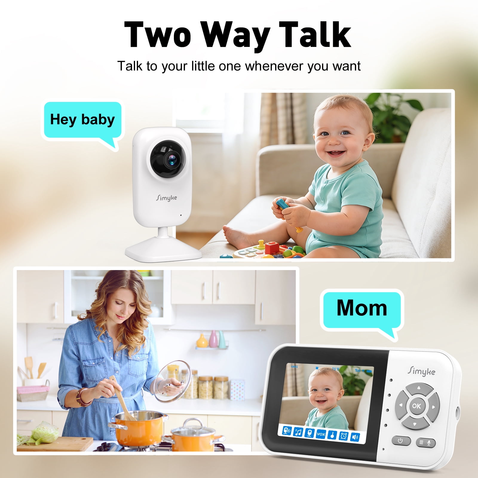 Simyke WiFi Video Baby Monitor, 2.8" LCD & App Viewing, 2-Way Audio, Night Vision, VOX, 5 Lullabies, Supports 4 Cameras, 1200ft Range, Home Use