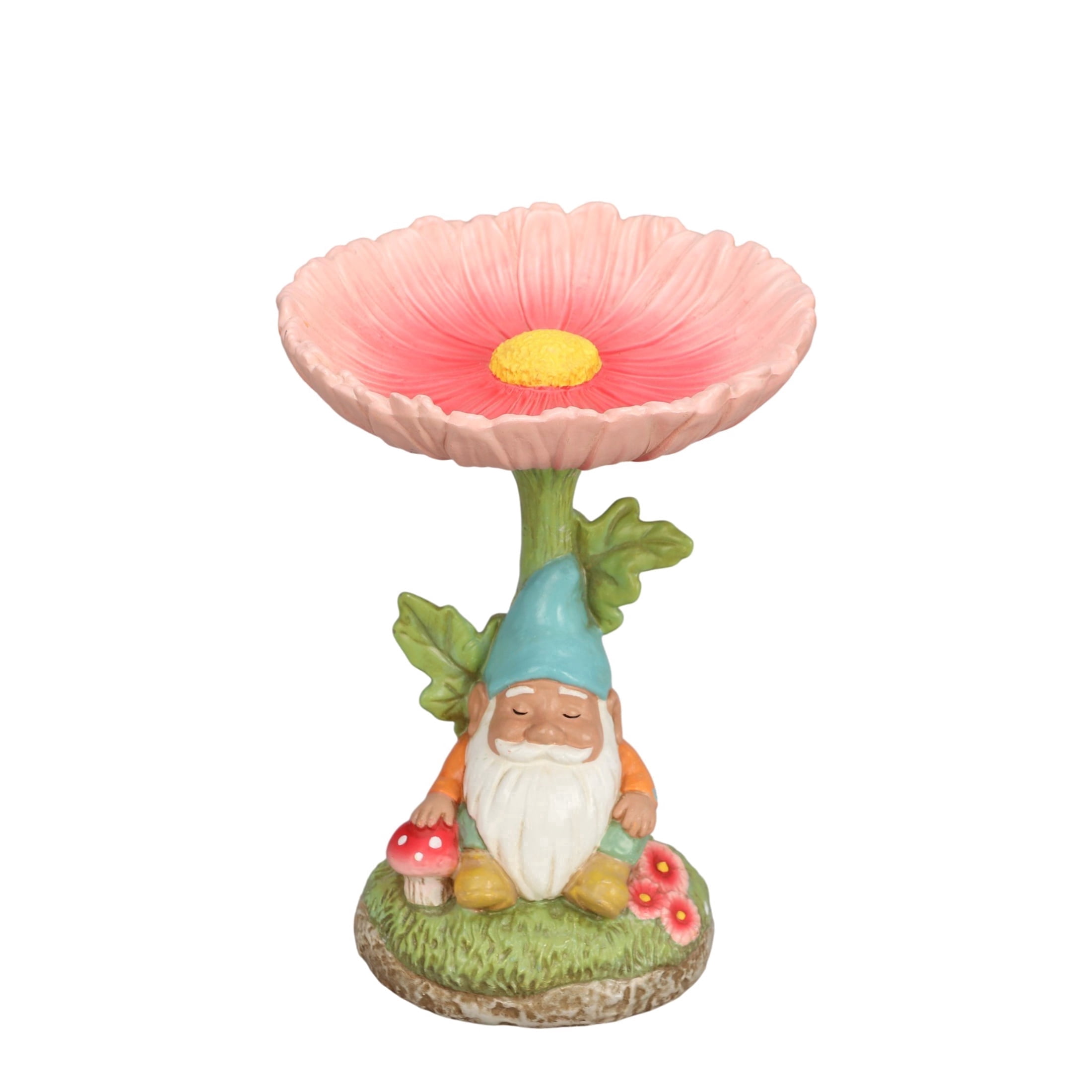 The Growing Ground Daisy Gnome Bird Feeder Garden Statue, Outdoor Garden Decor with Flower Bowl for Bird Seed and Water, Pink