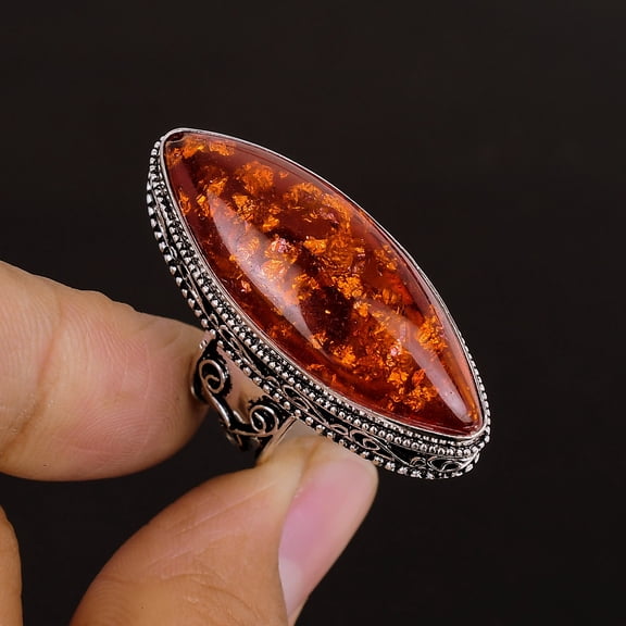 Yellow Amber Marquise Gemstone 925 Sterling Silver Vintage Adjustable Ring VJ 65